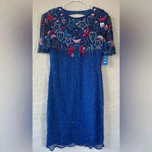 NWT Vintage 80s/90s bright blue beaded sequined cocktail dress, cut out back; M